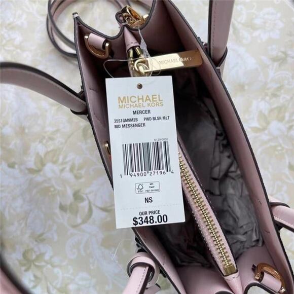 MICHAEL KORS MERCER MD SATCHEL MESSENGER MK SIGNATURE LEATHER BAG VANILLA PINK - Picture 3 of 6